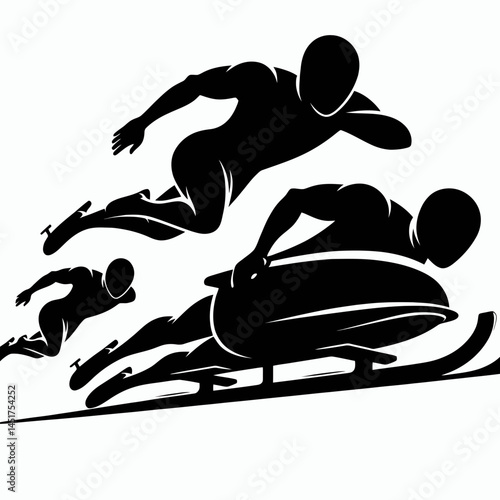  very simple flat and single minimalist Bobsleigh and Athletes Silhouettes in black on a white background 
