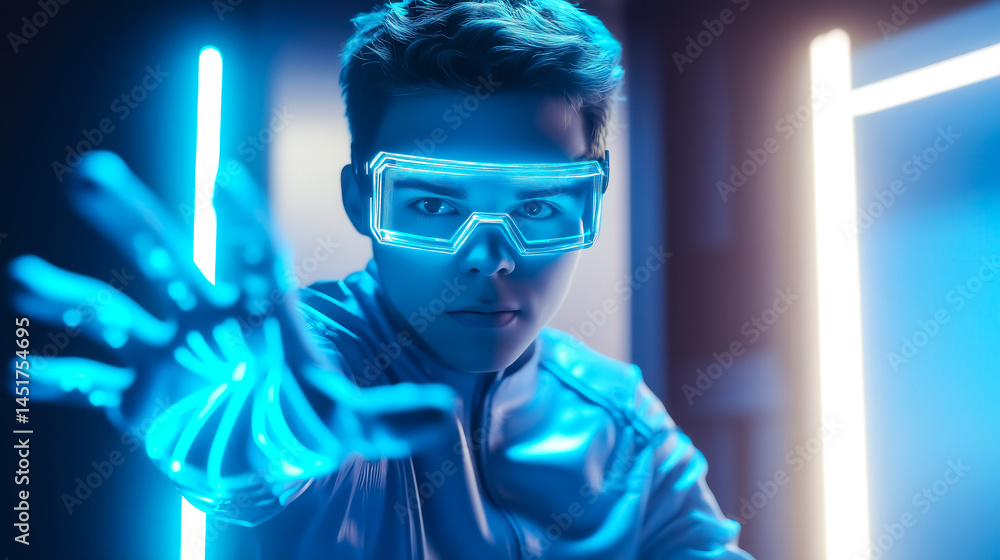 A man wears digital glasses and gazes at a holographic display. Futuristic technology and innovation. Generative AI.