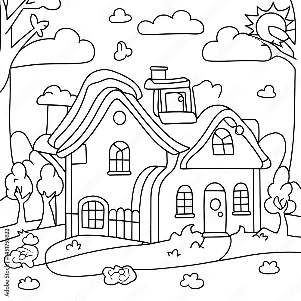 Fototapeta premium Cute House Coloring Page: Sunny Day Dream House
