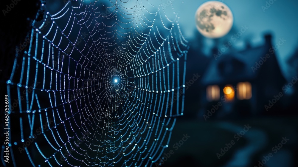 Naklejka premium Mysterious nocturnal spider web glistening with dew drops.