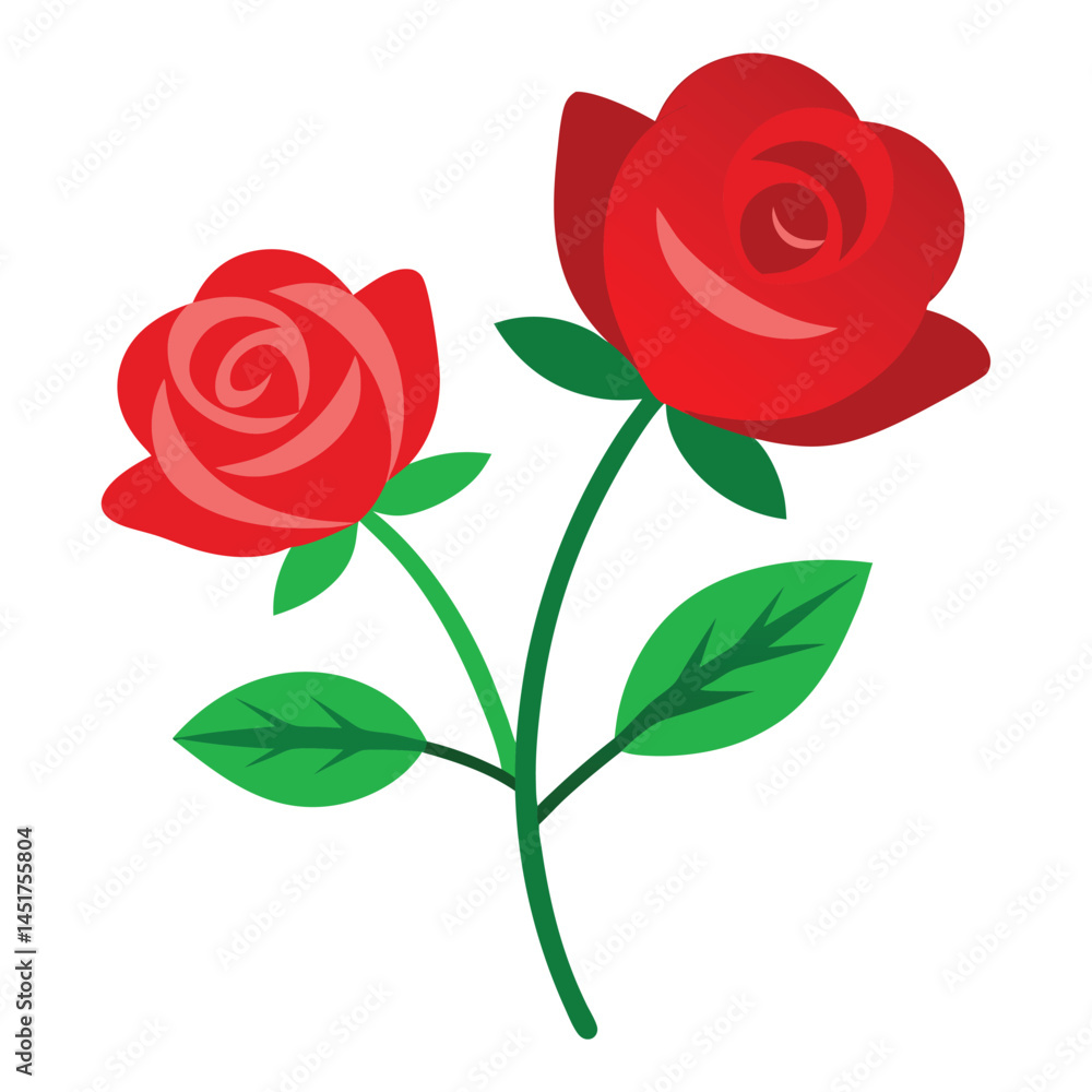 Two vibrant red roses share a single stem with lush green leaves, isolated Two vibrant red roses share a single stem with lush green leaves, isolated
