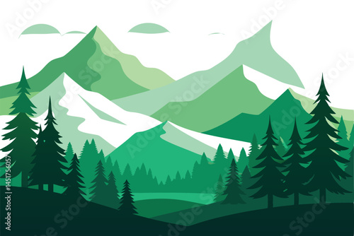 Verdant mountains emerge behind a tranquil forest filled with evergreen trees and gentle hills