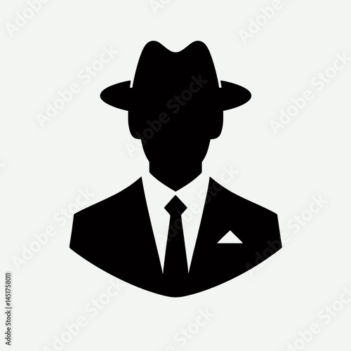  very simple flat and single minimalist Man in a Suit and Hat Silhouettes in black on a white background 