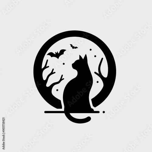  very simple flat and single minimalist Black Halloween Cat Silhouettes in black on a white background