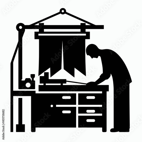  very simple flat and single minimalist Man Developing Photos in the Darkroom Silhouettes in black on a white background