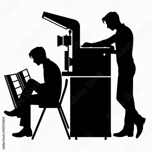  very simple flat and single minimalist Man Developing Photos in the Darkroom Silhouettes in black on a white background 