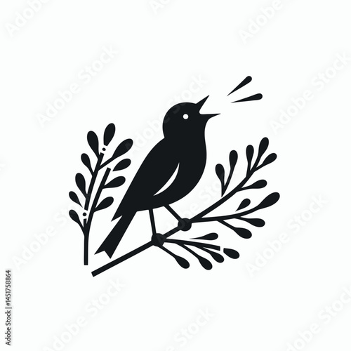  very simple flat and single minimalist Bird Singing Silhouettes in black on a white background 