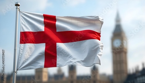 A close-up view of the English flag billowing in the wind, set against a slightly out-of-focus background of the Houses of Parliament and Big Ben.