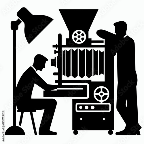  very simple flat and single minimalist Man Developing Photos in the Darkroom Silhouettes in black on a white background 