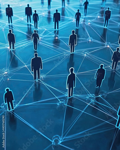 A network of interconnected people, visualized as silhouettes on a digital mesh.  Silhouettes of people are connected by a network of transparent lines