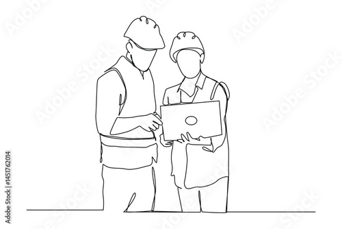  Continuous one line drawing of young architect discussing construction design with foreman manager. Building architecture business concept.