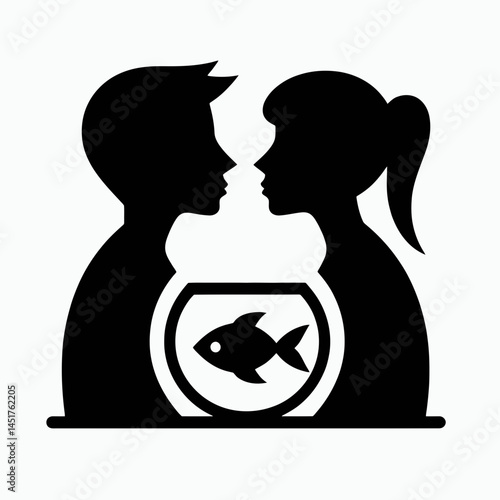  very simple flat and single minimalist Couple  Fish Bowl Silhouettes in black on a white background