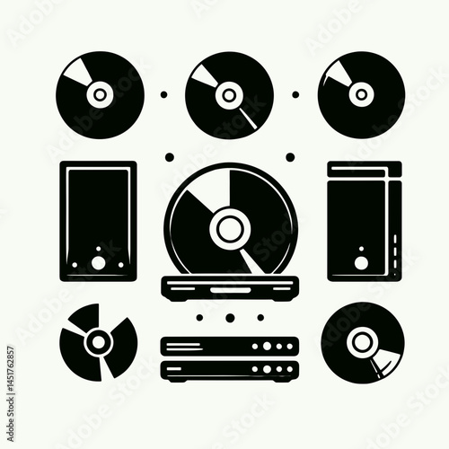  very simple flat and single minimalist DVD Player Silhouettes in black on a white background