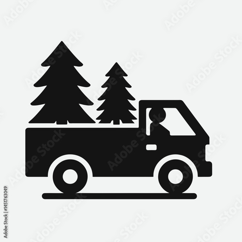  very simple flat and single minimalist Car Delivering Christmas Tree Silhouettes in black on a white background 