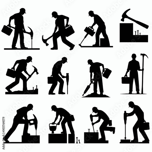  very simple flat and single minimalist Jackhammer  Worker Silhouettes in black on a white background