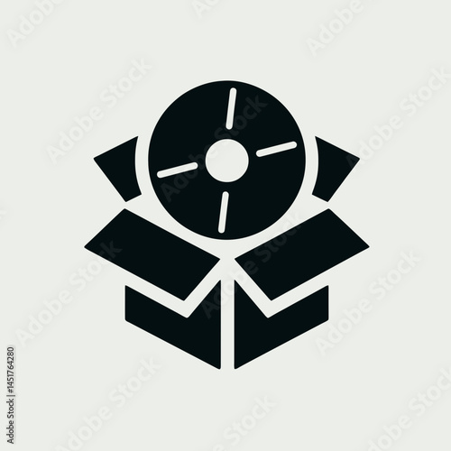  very simple flat and single minimalist Open Box and CD Silhouettes in black on a white background