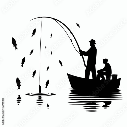  very simple flat and single minimalist Fisherman Silhouettes in black on a white background