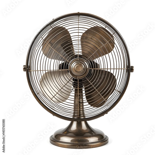 Vintage-style table fan with metallic finish and four blades, front-facing view isolated on white background — representing retro home appliance design and antique cooling equipment.