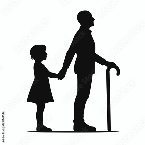  very simple flat and single minimalist Old  Young Silhouettes in black on a white background 