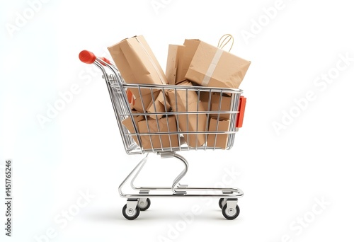 Shopping cart filled with cardboard packages and brown paper parcels, isolated on white background, symbolizing online shopping, delivery service, e-commerce, retail logistics, and product shipping