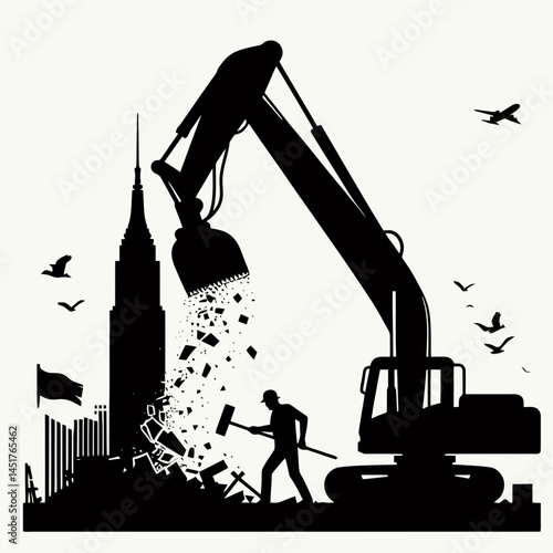  very simple flat and single minimalist Demolition Silhouettes in black on a white background