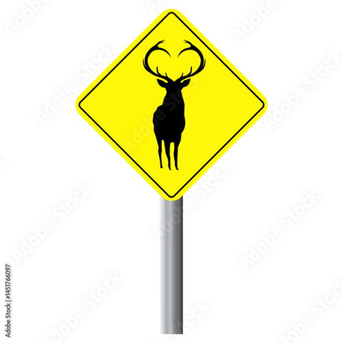 Deer silhouette wildlife crossing sign board vector illustration set.Readily editable and usable wild animal yellow sign graphic element.Beautiful and unique horned deer bright yellow caution boards.