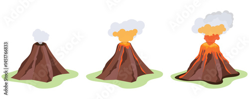 Eruption. Different stages of volcano mountain on a white background. Vector illustration of a calm mountain and erupting lava.
