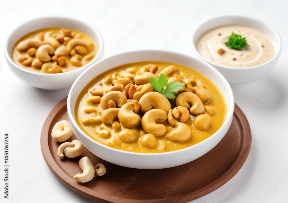 Bowl of Indian Kaju (Cashew) curry serving. Cinematic high definition food photo of Indian dish.