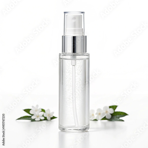 Facial essence in clear pump bottle on white background