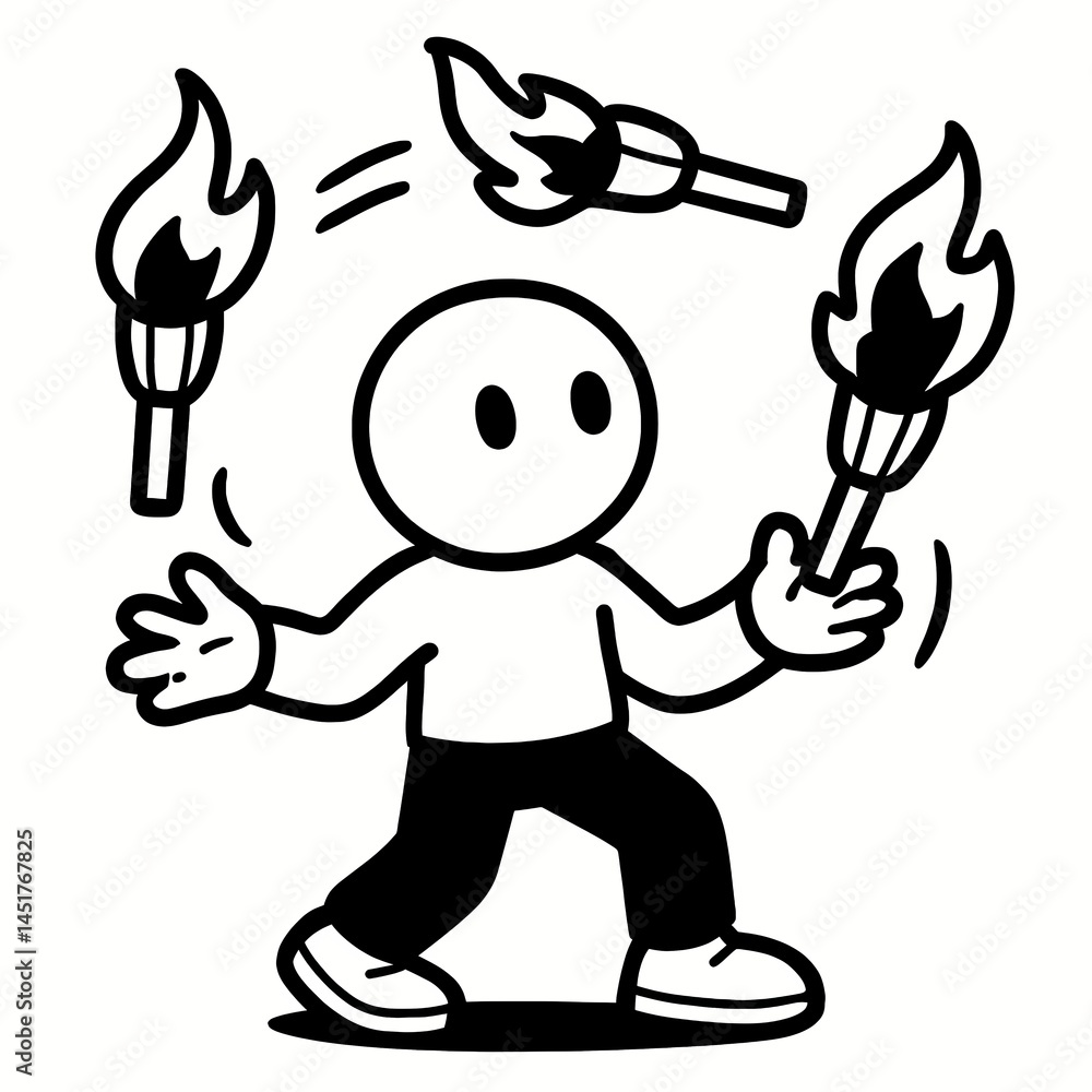 Simple Cartoon Man Juggling Flaming Torches on Transparent Background Simple Cartoon Man Juggling Flaming Torches on Transparent Background