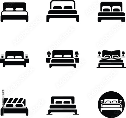 Double Bed Silhouette Set | Furniture Icon Pack for Interior Design Modern Bed Icon Silhouettes | Bedroom, Sleep, and Hotel Symbols