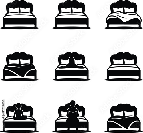 Double Bed Silhouette Set | Furniture Icon Pack for Interior Design Modern Bed Icon Silhouettes | Bedroom, Sleep, and Hotel Symbols