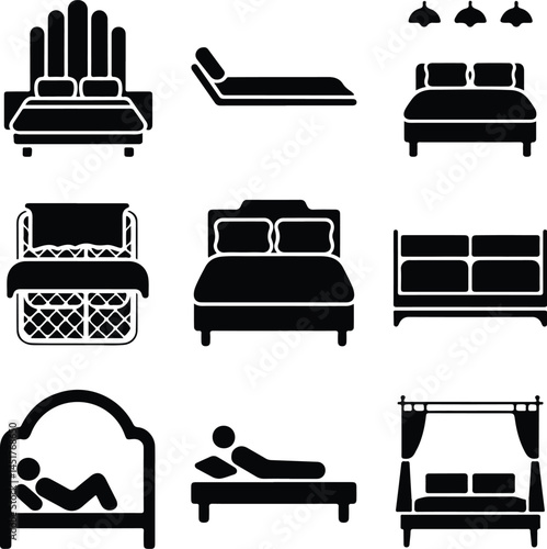 Double Bed Silhouette Set | Furniture Icon Pack for Interior Design Modern Bed Icon Silhouettes | Bedroom, Sleep, and Hotel Symbols