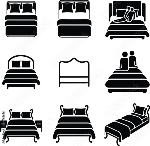Double Bed Silhouette Set | Furniture Icon Pack for Interior Design Modern Bed Icon Silhouettes | Bedroom, Sleep, and Hotel Symbols