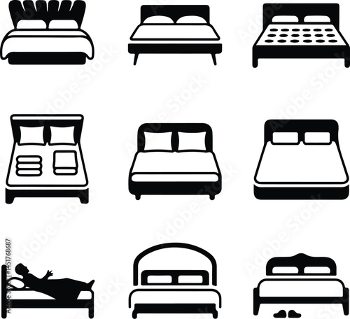 Double Bed Silhouette Set | Furniture Icon Pack for Interior Design Modern Bed Icon Silhouettes | Bedroom, Sleep, and Hotel Symbols