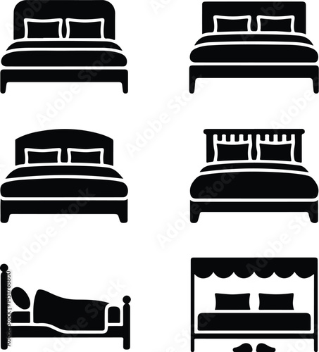 Double Bed Silhouette Set | Furniture Icon Pack for Interior Design Modern Bed Icon Silhouettes | Bedroom, Sleep, and Hotel Symbols