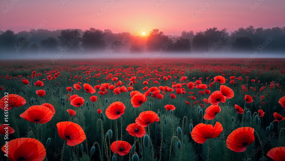 Obraz premium Red poppies blooming in a field at sunset with fog