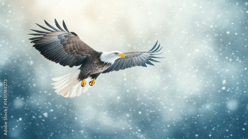 Obraz premium A striking white-tailed eagle gracefully in flight amidst a gentle snowfall, highlighting its majestic wingspan against a wintry backdrop of swirling snowflakes and a serene, snow-covered landscape.