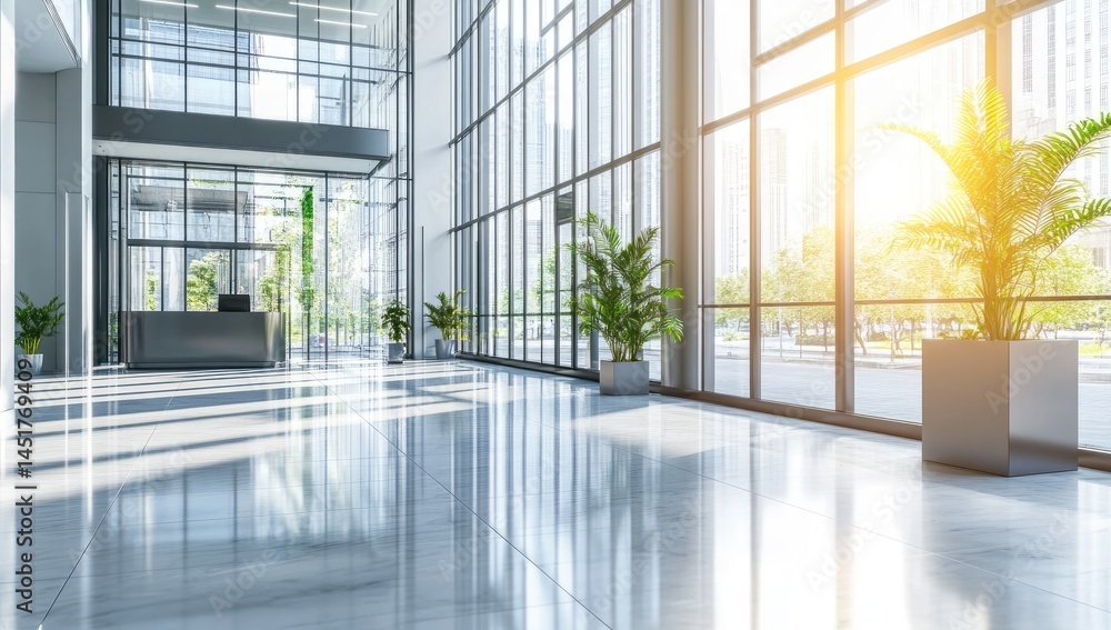 Bright, modern office lobby with large windows showcasing city views, plants, and a sleek reception desk Bright, modern office lobby with large windows showcasing city views, plants, and a sleek reception desk