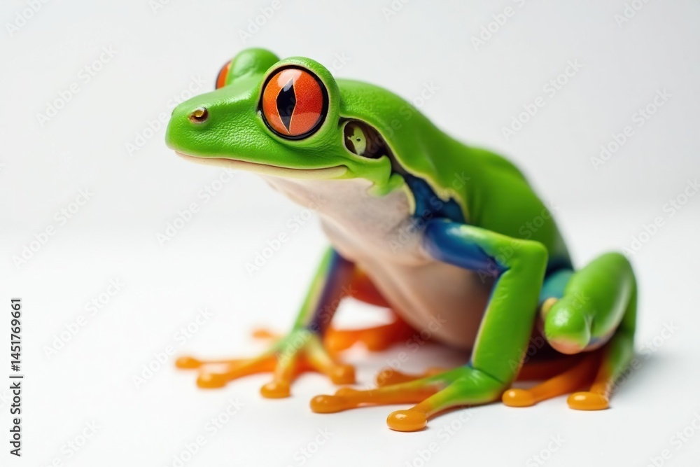 Obraz premium Green tree frog, vibrant skin, white background, closeup, isolated object, fauna