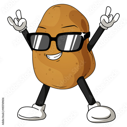 Rockstar Potato Mascot with Sunglasses – Groovy Fun Cartoon Character Making Rock Hand Gesture Vector Art