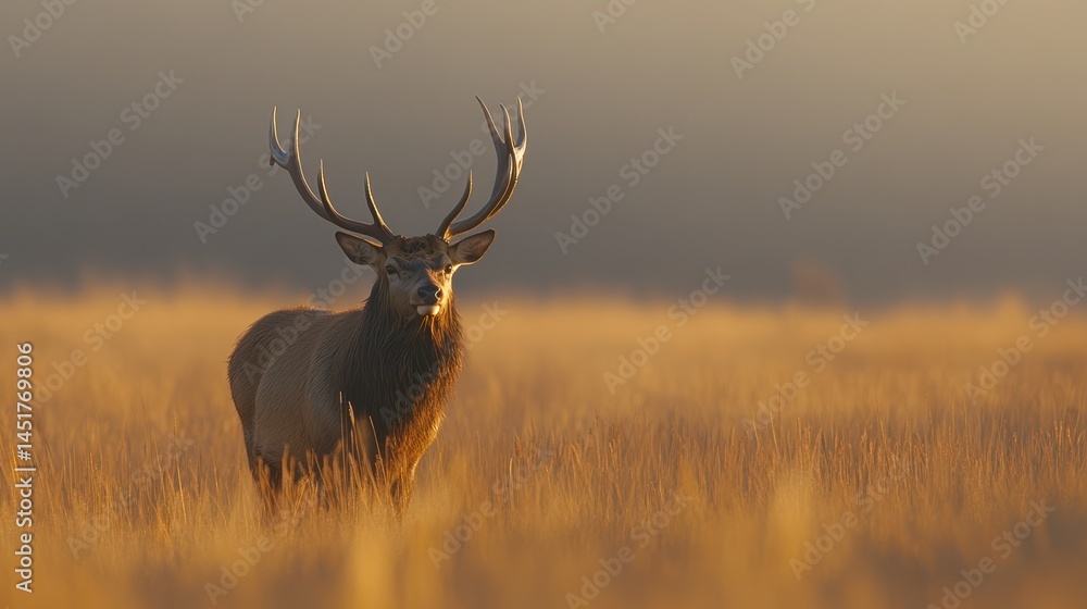 Obraz premium A striking wildlife photo capturing a deer with impressive antlers bathed in the warm glow of sunrise.