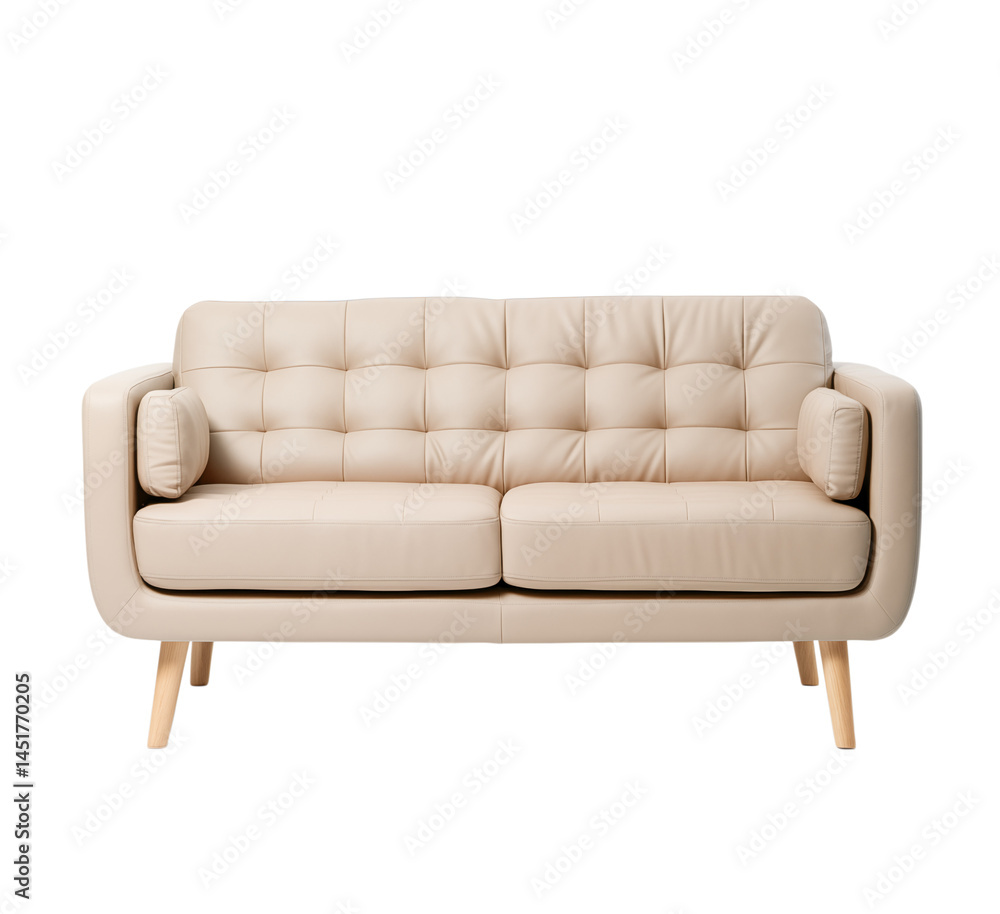 A cream colored loveseat with tufted back and wooden legs isolated on a space above transparent background png A cream colored loveseat with tufted back and wooden legs isolated on a space above transparent background png