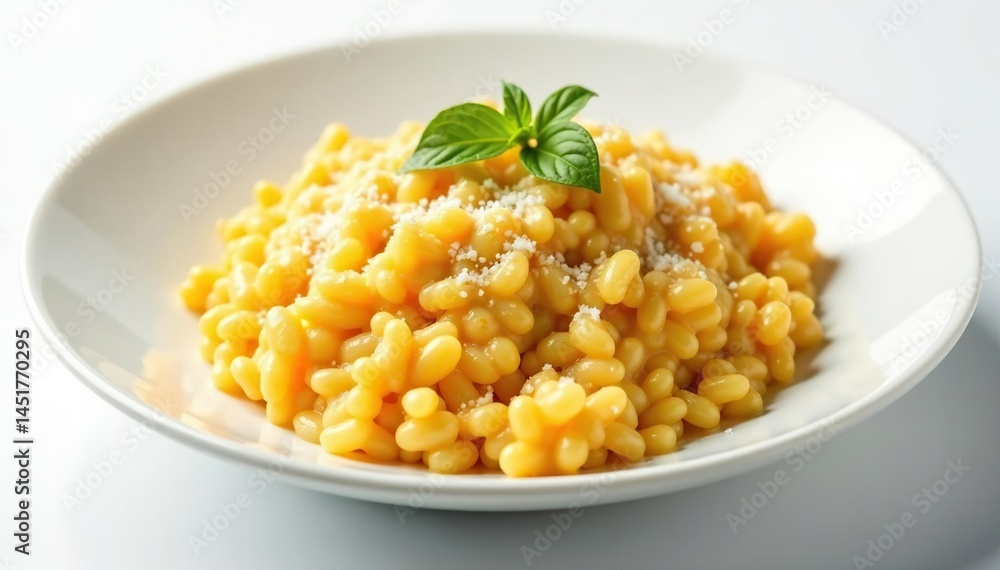 Plate of creamy risotto with parmesan, white backdrop, meal, gourmet Plate of creamy risotto with parmesan, white backdrop, meal, gourmet
