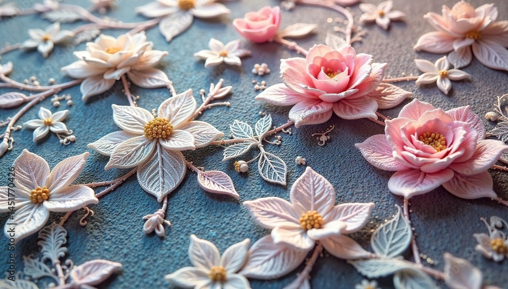 Fototapeta premium Intricate floral lace, delicate threads forming a repeating motif , intricate, surface, doily