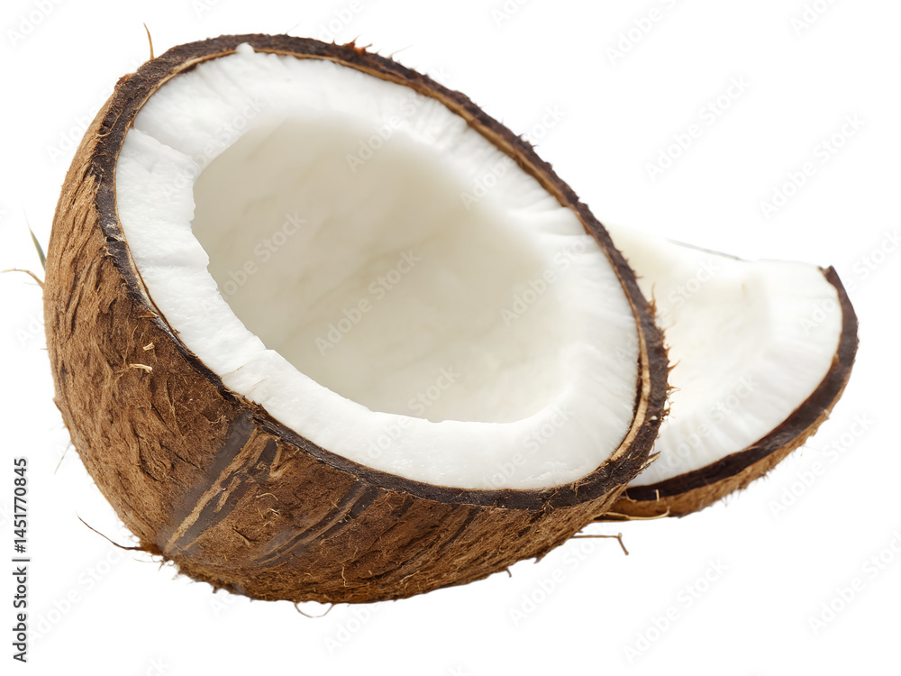 Fresh Coconut Half with White Pulp. Close-up of a halved coconut showing the rough brown shell and white edible flesh, perfect for tropical, food, or skincare themes Fresh Coconut Half with White Pulp. Close-up of a halved coconut showing the rough brown shell and white edible flesh, perfect for tropical, food, or skincare themes
