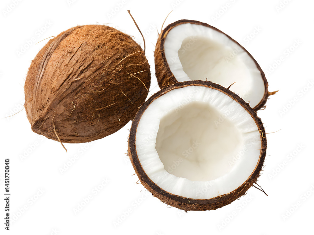 Whole and Halved Coconut on White Background. Fresh tropical coconut shown whole and halved on a clean white background, ideal for food, health, or tropical-themed concepts Whole and Halved Coconut on White Background. Fresh tropical coconut shown whole and halved on a clean white background, ideal for food, health, or tropical-themed concepts
