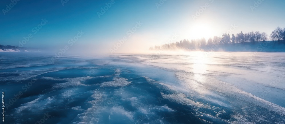 Fototapeta premium Frozen lake sunrise, misty winter landscape