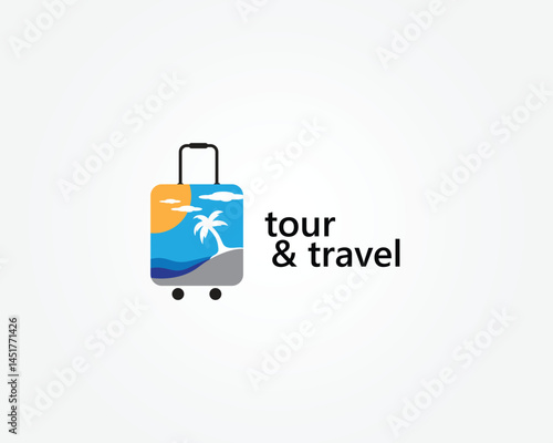 creative tour and travel logo suitcase with beach view image, logo design inspiration