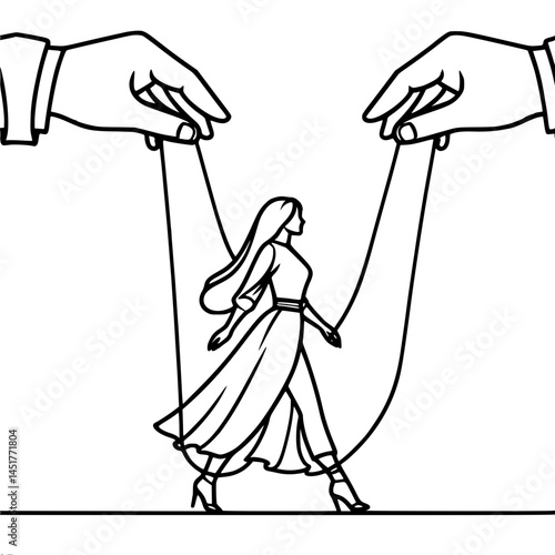 Hands controlling ropes, walking woman, line drawing, vector outline one line drawing